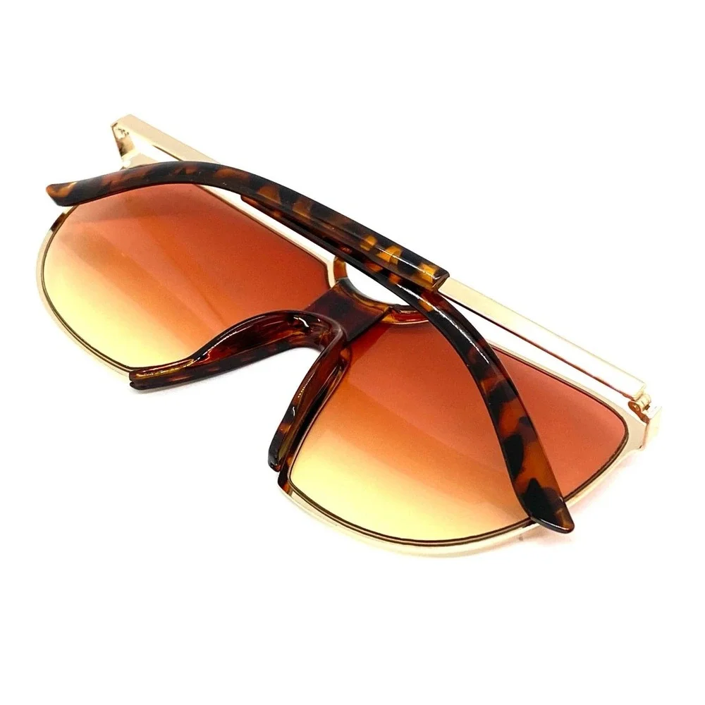 Oversized Shield Sunglasses Fashion Visor Gold Frame Tortoise Accents Trendy New